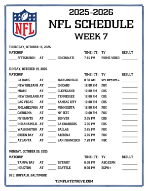 Printable 2025-26 NFL Schedule Week 7 - Central Times