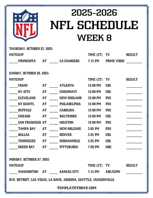 Printable 2025-26 NFL Schedule Week 8 - Central Times