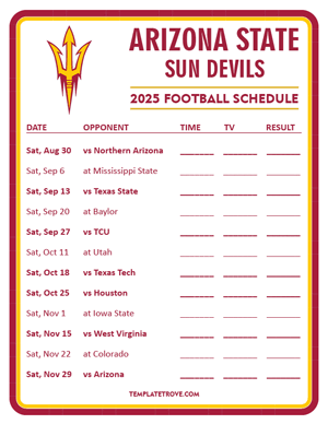 Arizona State Sun Devils Football 2025
 Printable Schedule - Style 3