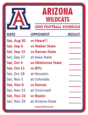 Arizona Wildcats Football 2025
 Printable Schedule  - Style 2