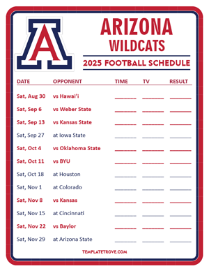 Arizona Wildcats Football 2025
 Printable Schedule - Style 3