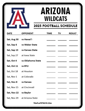 Arizona Wildcats Football 2025
 Printable Schedule - Style 4