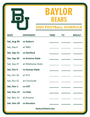 Baylor Bears Football 2025
 Printable Schedule - Style 3
