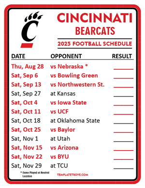 Cincinnati Bearcats Football 2025
 Printable Schedule  - Style 2