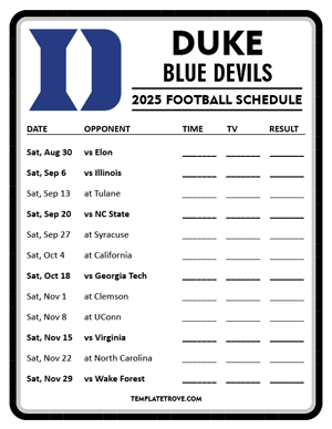Duke Blue Devils Football 2025
 Printable Schedule - Style 4