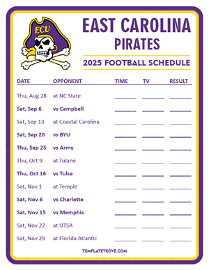 East Carolina Pirates Football 2025
 Printable Schedule - Style 3
