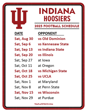 Indiana Hoosiers Football 2025
 Printable Schedule