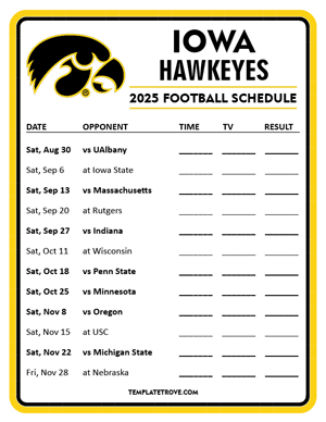 Iowa Hawkeyes Football 2025
 Printable Schedule - Style 3
