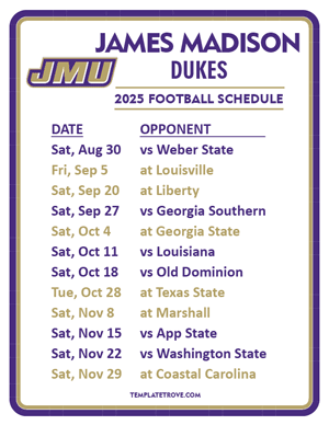 James Madison Dukes Football 2025
 Printable Schedule