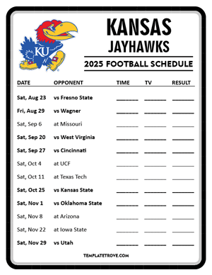 Kansas Jayhawks Football 2025
 Printable Schedule - Style 4