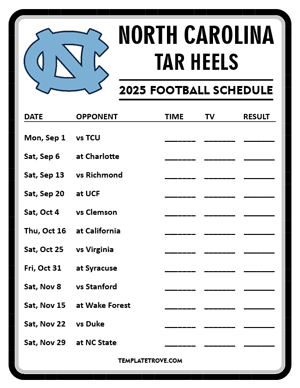 North Carolina Tar Heels Football 2025
 Printable Schedule - Style 4