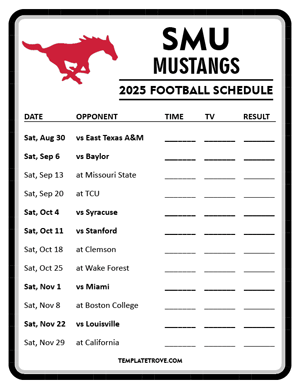 SMU Mustangs Football 2025
 Printable Schedule - Style 4