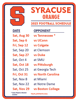 Syracuse Orange Football 2025
 Printable Schedule