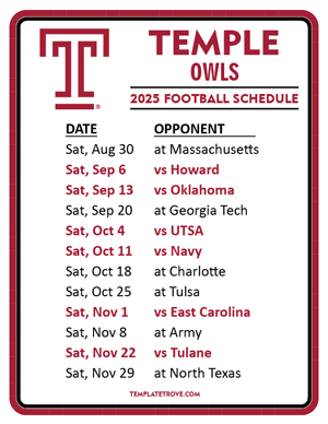 Temple Owls Football 2025
 Printable Schedule