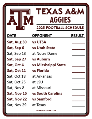 Texas A&M Aggies Football 2025
 Printable Schedule  - Style 2