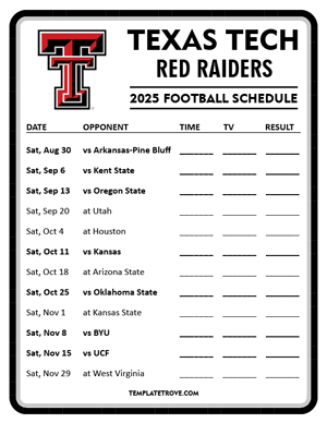 Texas Tech Red Raiders Football 2025
 Printable Schedule - Style 4