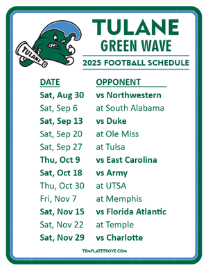 Tulane Green Wave Football 2025
 Printable Schedule