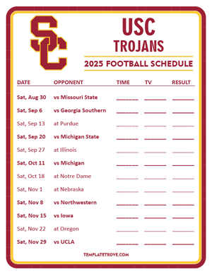 USC Trojans Football 2025
 Printable Schedule - Style 3