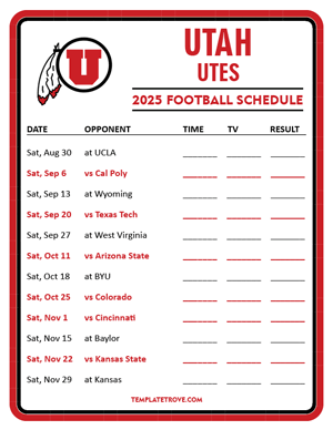 Utah Utes Football 2025
 Printable Schedule - Style 3