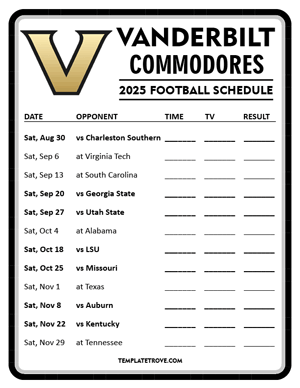 Vanderbilt Commodores Football 2025
 Printable Schedule - Style 4