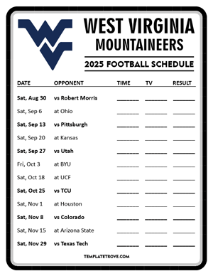 West Virginia Mountaineers Football 2025
 Printable Schedule - Style 4