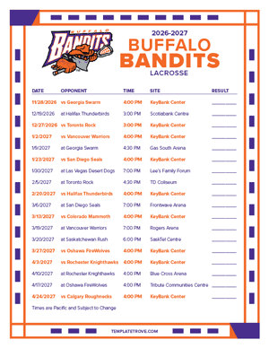 Buffalo Bandits 2026-27 Printable Schedule - Pacific Times