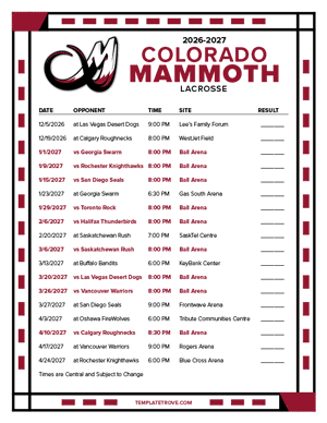 Colorado Mammoth 2026-27 Printable Schedule - Central Times