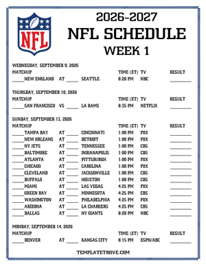 Printable 2026-27 NFL Schedule Week 1
