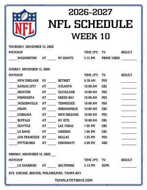 Printable 2026-27 NFL Schedule Week 10 - Pacific Times