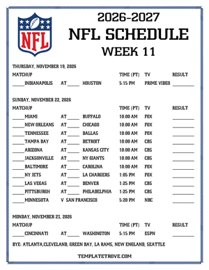 Printable 2026-27 NFL Schedule Week 11 - Pacific Times