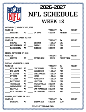 Printable 2026-27 NFL Schedule Week 12 - Mountain Times