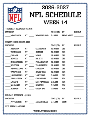 Printable 2026-27 NFL Schedule Week 14 - Central Times