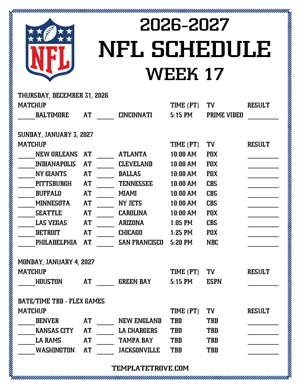 Printable 2026-27 NFL Schedule Week 17 - Pacific Times