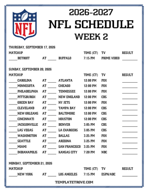 Printable 2026-27 NFL Schedule Week 2 - Central Times