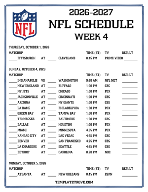 Printable 2026-27 NFL Schedule Week 4