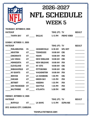 Printable 2026-27 NFL Schedule Week 5 - Pacific Times