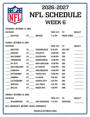 Printable 2026-27 NFL Schedule Week 6 - Central Times