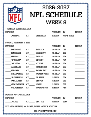Printable 2026-27 NFL Schedule Week 8 - Pacific Times