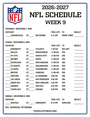 Printable 2026-27 NFL Schedule Week 9 - Mountain Times