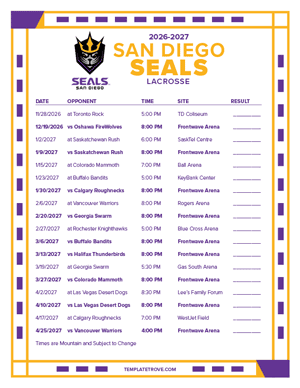 San Diego Seals 2026-27 Printable Schedule - Mountain Times
