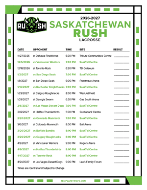 Saskatchewan Rush 2026-27 Printable Schedule - Central Times