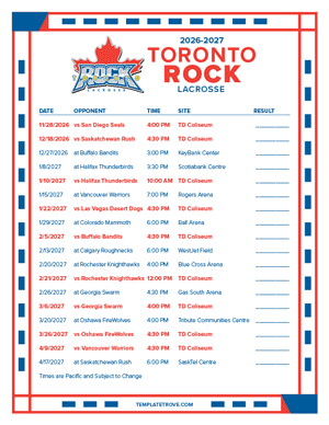 Toronto Rock 2026-27 Printable Schedule - Pacific Times