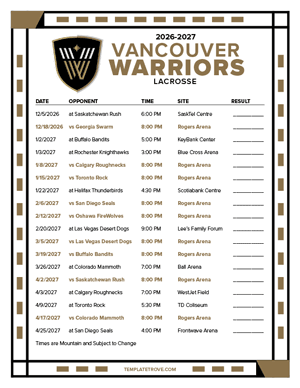 Vancouver Warriors 2026-27 Printable Schedule - Mountain Times