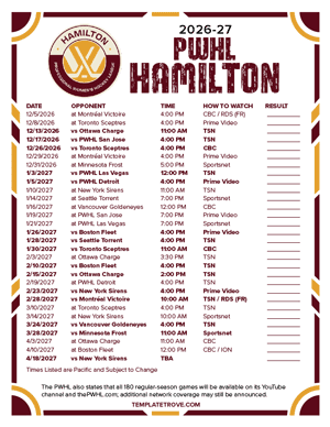 PWHL Hamilton 2026-27 Hockey Schedule