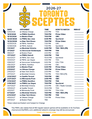 Toronto Sceptres 2026-27 Hockey Schedule