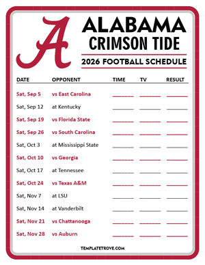 Alabama Crimson Tide Football 2026
 Printable Schedule - Style 3
