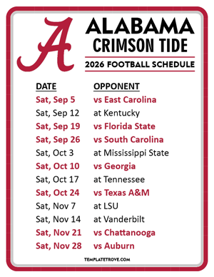 Alabama Crimson Tide Football 2026
 Printable Schedule