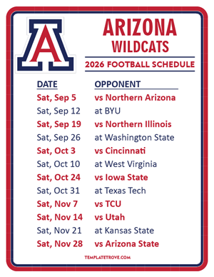 Arizona Wildcats Football 2026
 Printable Schedule