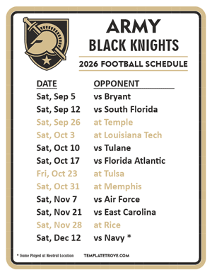 Army Black Knights Football 2026
 Printable Schedule