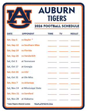 Auburn Tigers Football 2026
 Printable Schedule - Style 3